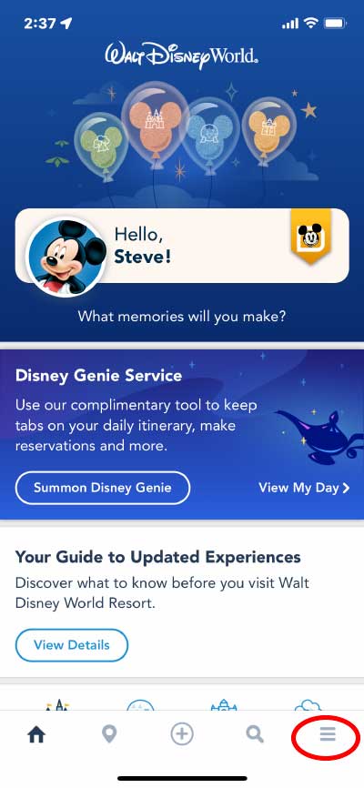 My Disney Experience App Main Screen