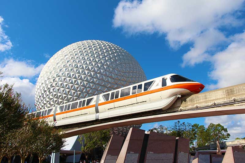 The Epcot Monorail Loop runs from the Transportation and Ticket Center to the Epcot station