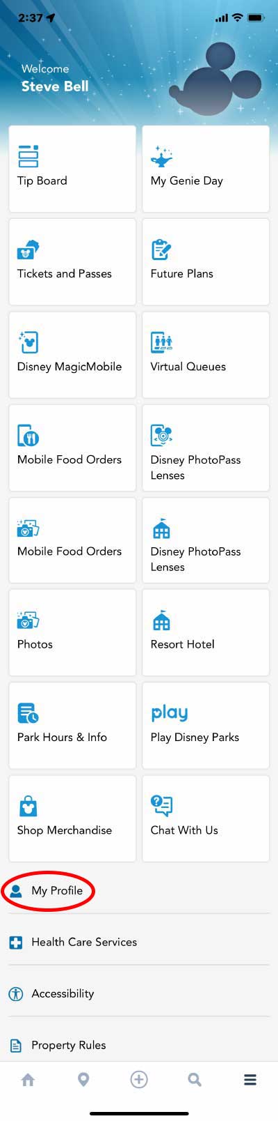 My Disney Experience App Menu Page