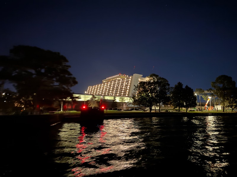 Disney's Contemporary Resort viewed from our fireworks cruise on Seven Seas Lagoon