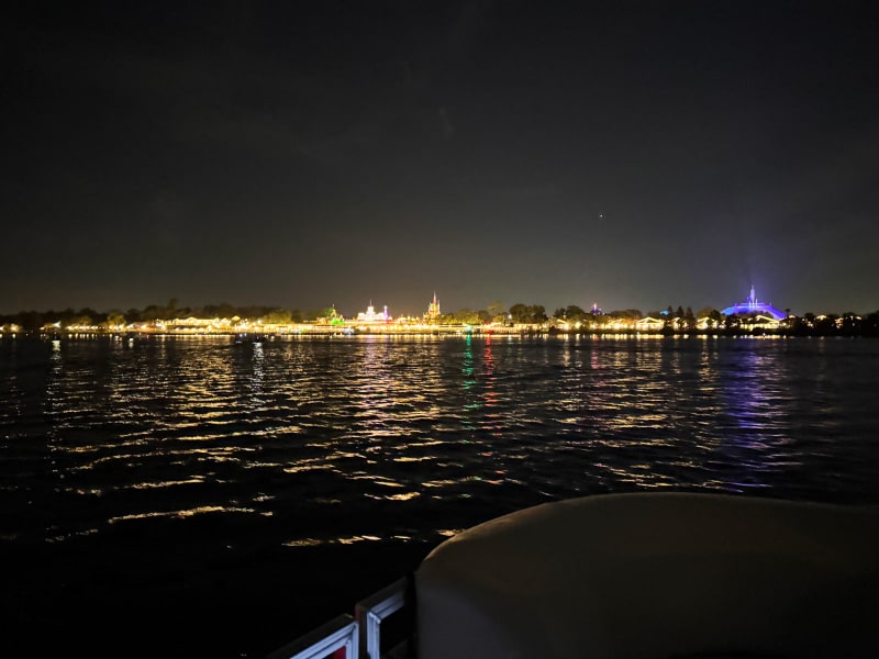 Magic Kingdom view approaching our fireworks cruise viewing location on Seven Seas Lagoon