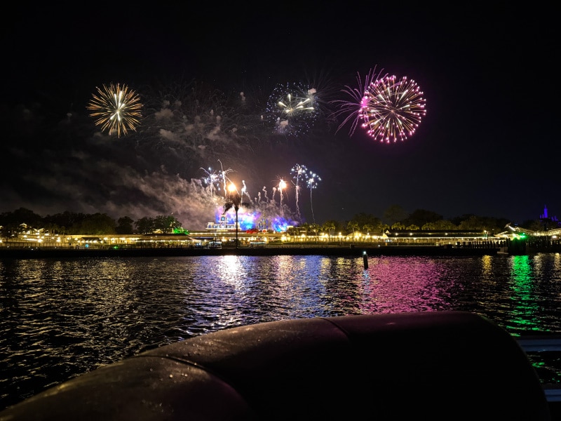Happily Ever After fireworks over Magic Kingdom viewed from Seven Seas Lagoon