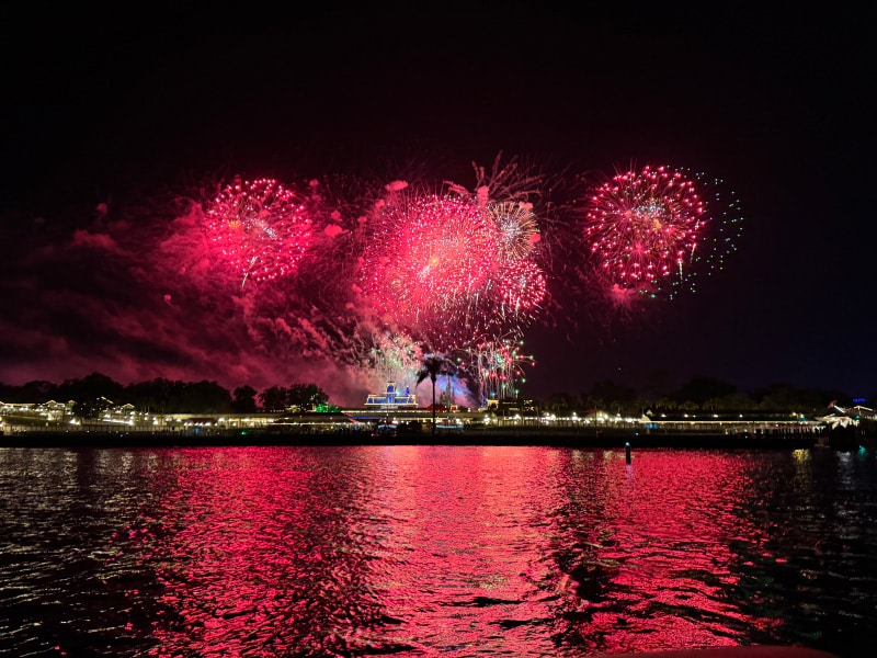 Happily Ever After fireworks viewed from our private boat on Seven Seas Lagoon
