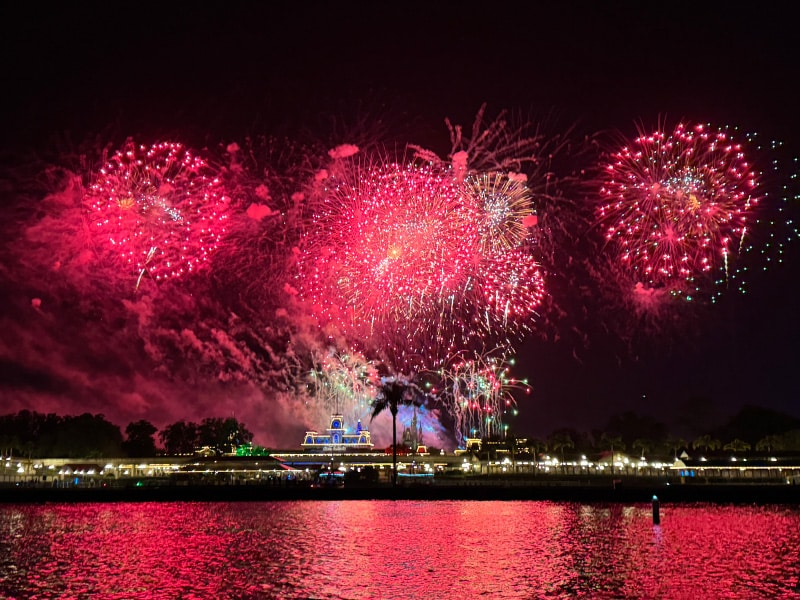 Magic Kingdom fireworks viewed from a Disney fireworks cruise on Seven Seas Lagoon