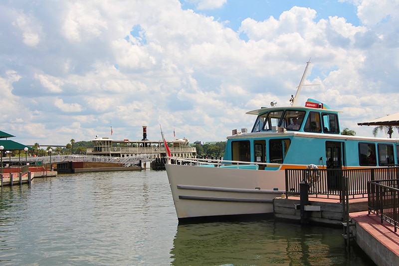 Magic Kingdom resort launch with ferryboat in the background