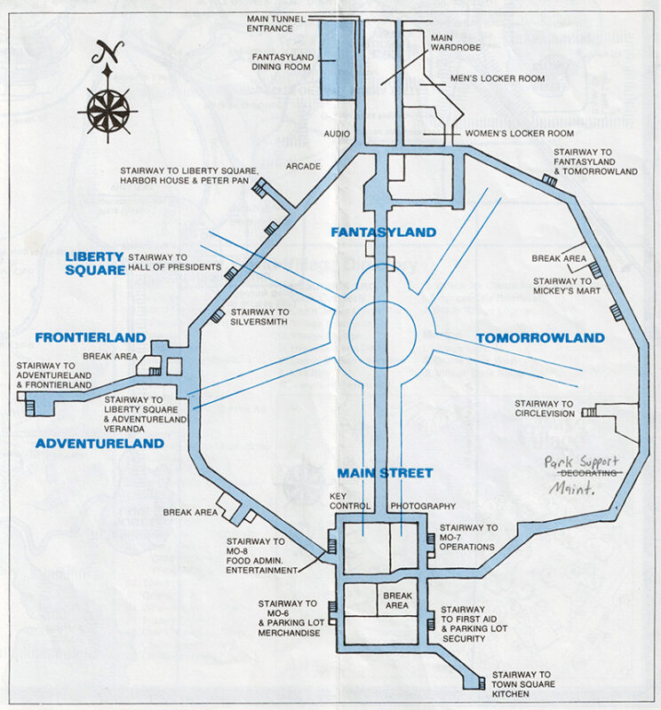 1982 Walt Disney World Cast map showing Main Tunnel Entrance